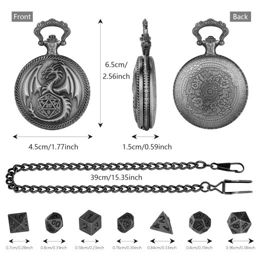 Dragon Pocket Watch Set With Thick Chain And Mini DND Dice Set Equipped With 7 Game Polyhedral Metal Dice Dragon And Dungeon Tabletop Role-playing Game Dice