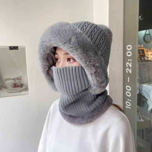 Twist Stripes Knitted Hat Scarf One-piece Fleece-lined Kit