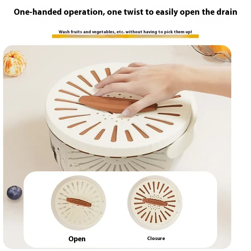 Fruit Drain Basket With Lid Vegetable Washing Bowl Foldable Handle Cleaning Colander