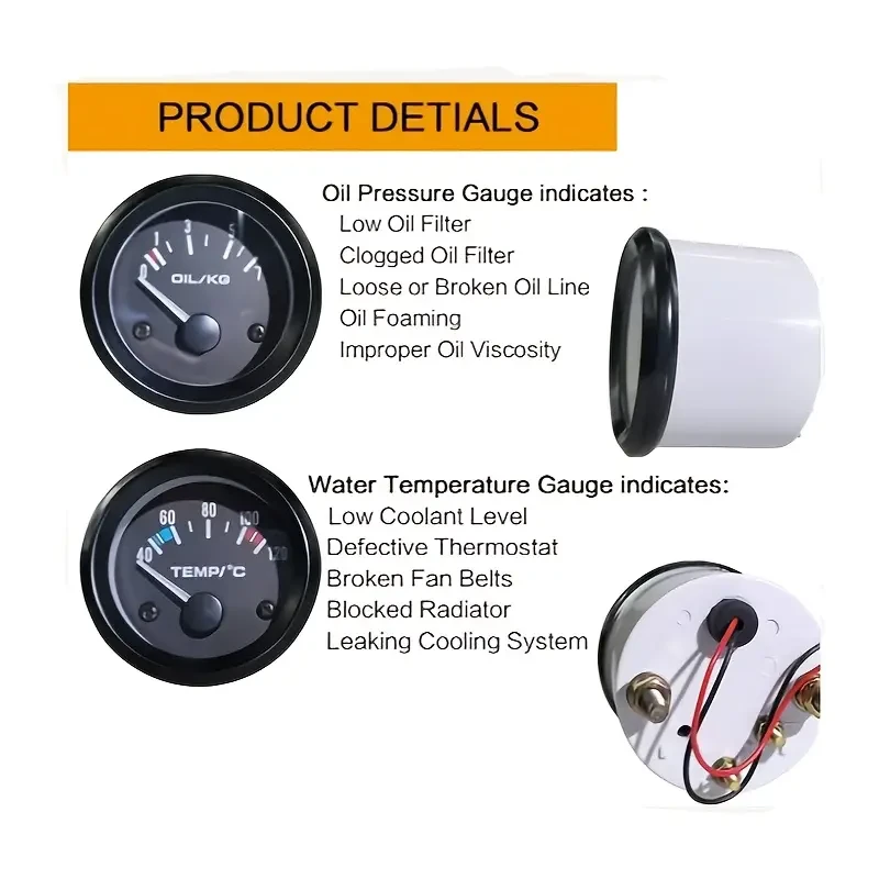 52mm Triple Kit Oil Temp Gauge Water Temp Gauge Temperature Oil Pressure Gauge Sensor 3in 1 Car Meter Auto Gauge