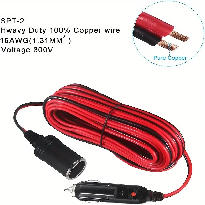 3Meters Car Plug Extension Cord 12V/24V Battery Charging Cable With Male Plug To Female Socket Adapter 16AWG Heavy