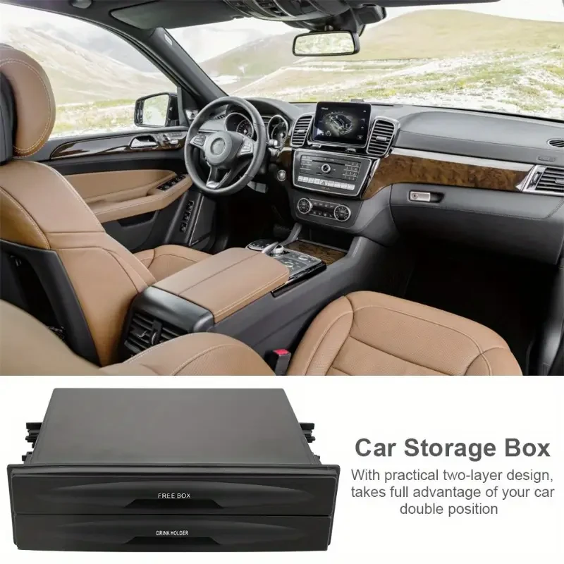 [Black Plastic Car Storage Box]Universal Car Radio Pocket and Drink Holder Organizer Box