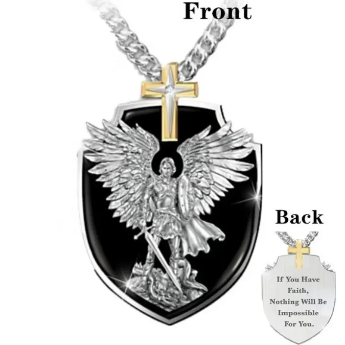 Cross Knight Wings Shield Lettering Pendant