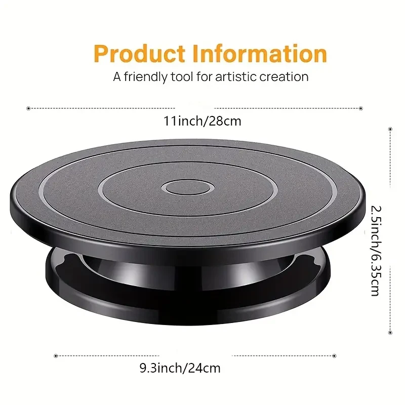 11-Inch Black Spinning Cake Turntable - Pottery Wheel Accessory for Cake Decorating, Display Holder, and Painting Turntable