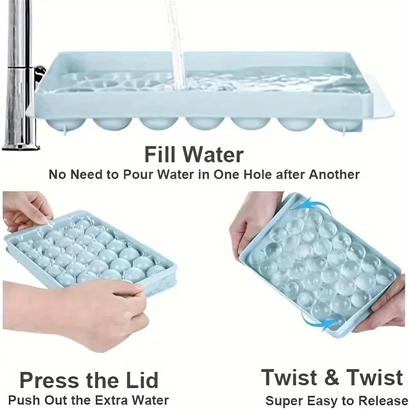 33-Grid Round Ice Cube Tray - Lead-Free, BPA-Free, Easy-Release, Dustproof & Glossy Finish