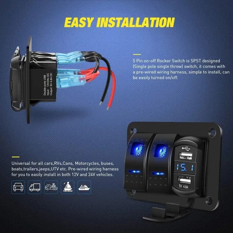 DAIERTEK 2-Gang Marine Switch Panel with Dual USB Charger