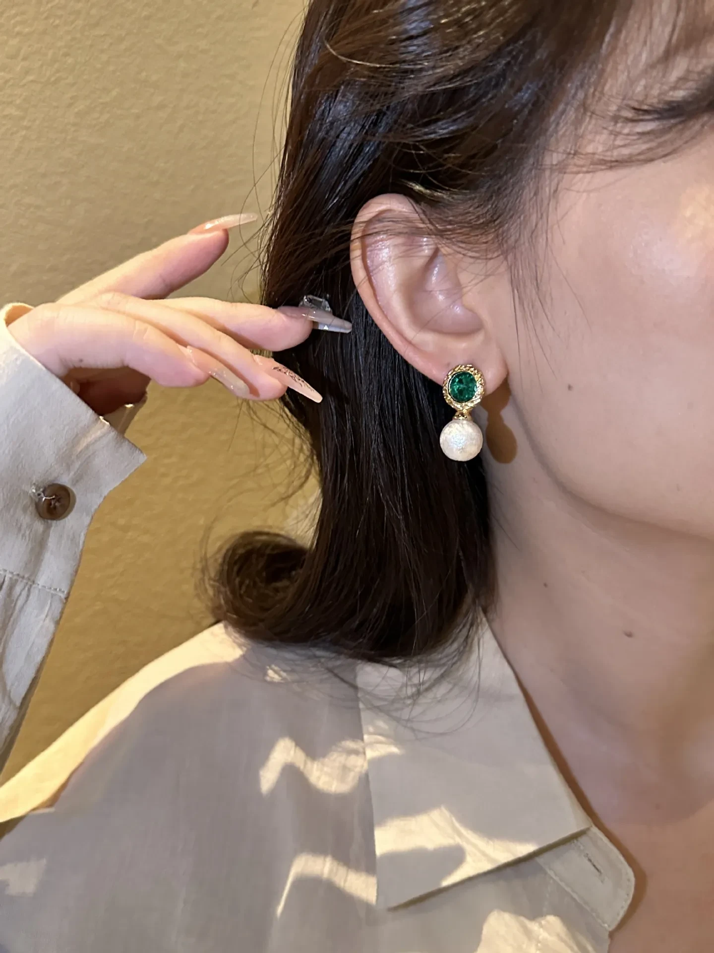 Emerald Rhinestone Pearl Stud Earrings For Women SKU: CJST234431501AZ Lists: 0