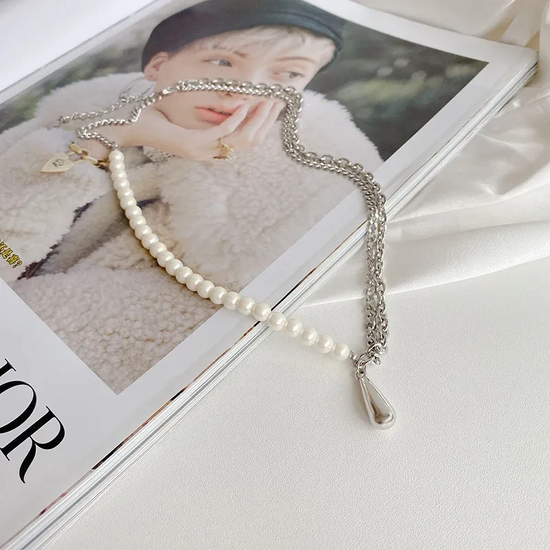 Pearl Stitching Metal Drop Pendant Necklace