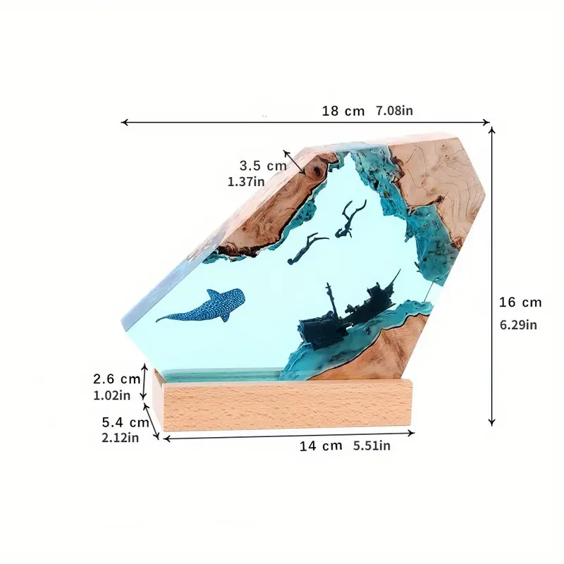 Corsair Resin Ocean Lamp with Wooden Base | LED Marine Scene Night Light for Home, Office & Gifting