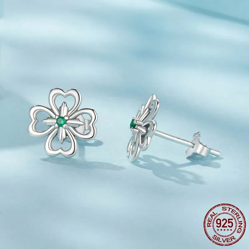 Lucky Four-Leaf Clover Stud Earrings Sterling Silver Plant