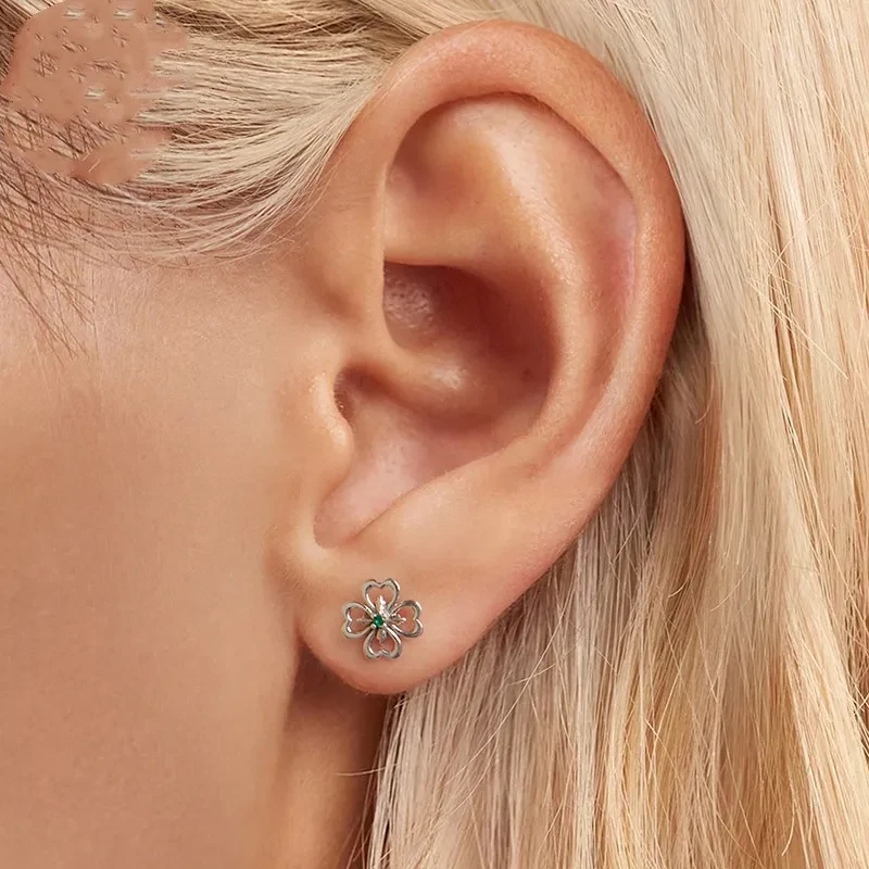 Lucky Four-Leaf Clover Stud Earrings Sterling Silver Plant