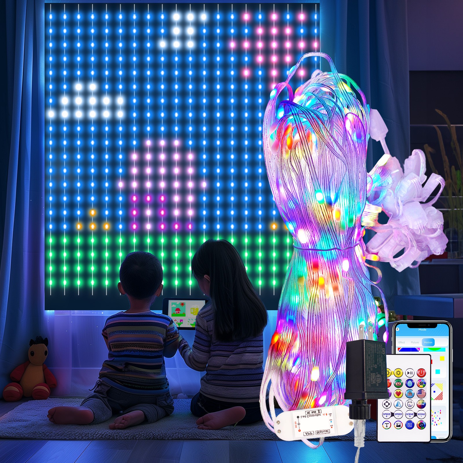 6.6x6.6ft Smart Window Light  RGB-IC Dynamic LED Curtain String Light for Indoor and Outdoor Use, Perfect for Halloween, Christmas, and Valentines Day
