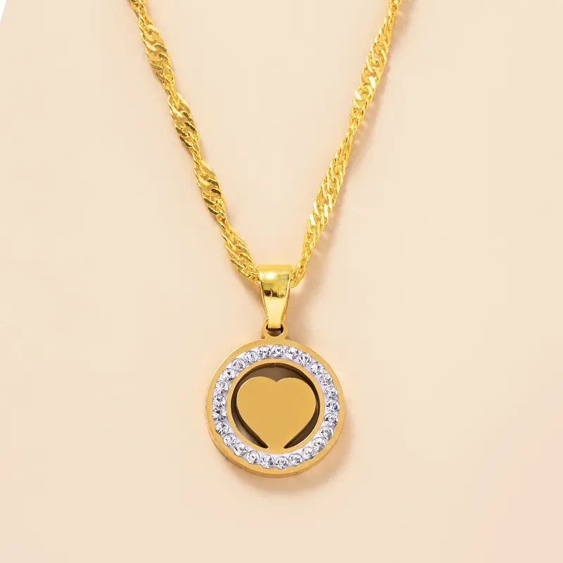 Rhinestone Hollow Round Heart Pendant Necklace