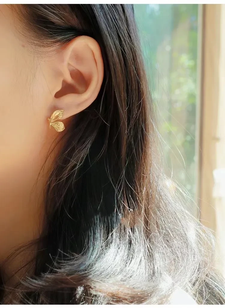 18K Golden Butterfly Ear Studs Yellow Leaf Ear Studs Personalized Minority