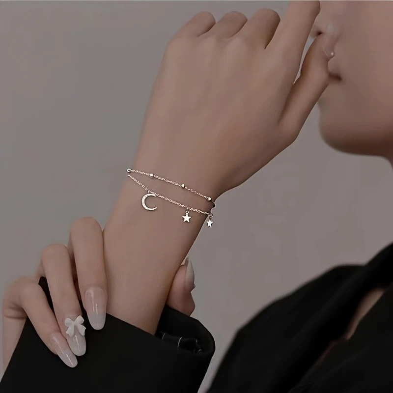 Elegant Double-Layer Star and Moon Bracelet | 925 Silver-Plated, Hypoallergenic, with Cubic Zirconia & Platinum Plating