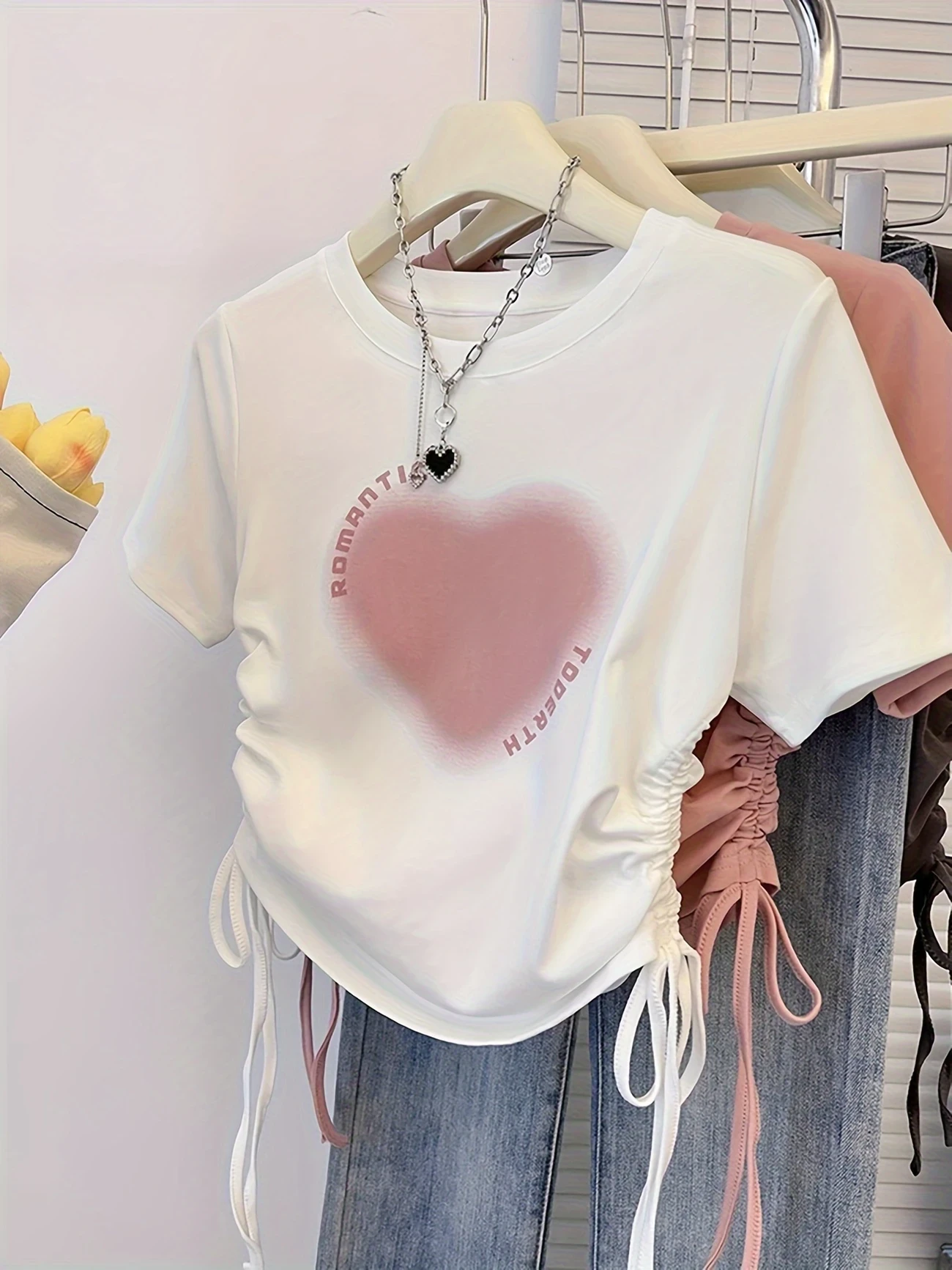 Heart Print Drawstring Side T-shirt | Chic Short Sleeve Slim Crop Top for Summer Women's Clothing