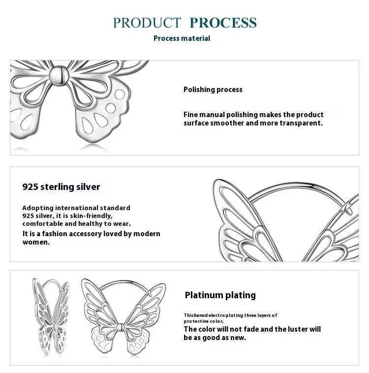 S925 Simple Butterfly Platinum Hollow Light Personality All-matching