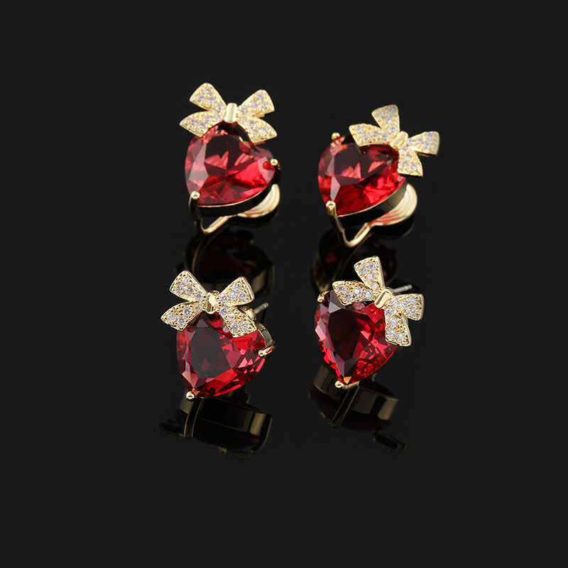 Red Loving Heart Zircon Earrings Bow Ear Clip