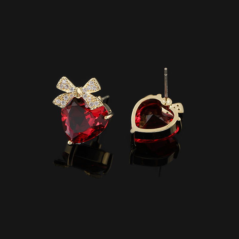 Red Loving Heart Zircon Earrings Bow Ear Clip