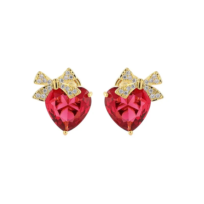 Red Loving Heart Zircon Earrings Bow Ear Clip