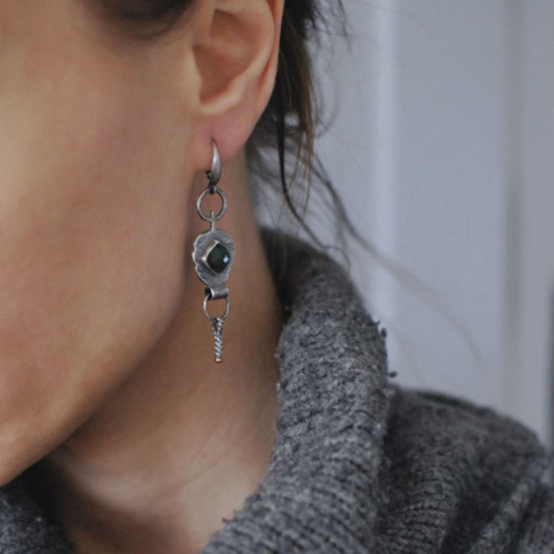 Retro Exotic Geometric Ancient Metal Inlaid Beccarite Asymmetric Eardrops