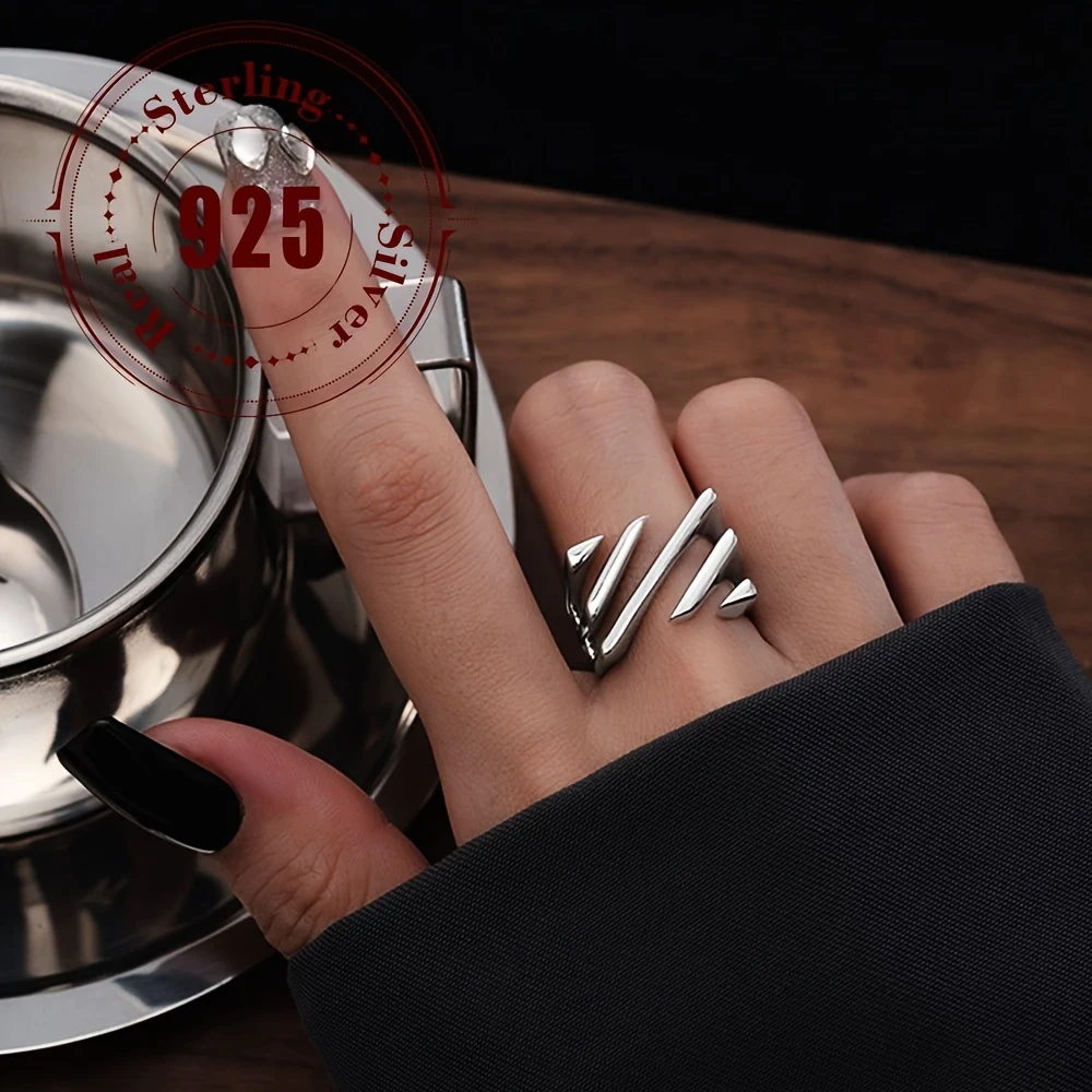 925 Sterling Silver Herringbone Multi-Layer Ring | Adjustable Open Design | Geometric Hollow Statement Band