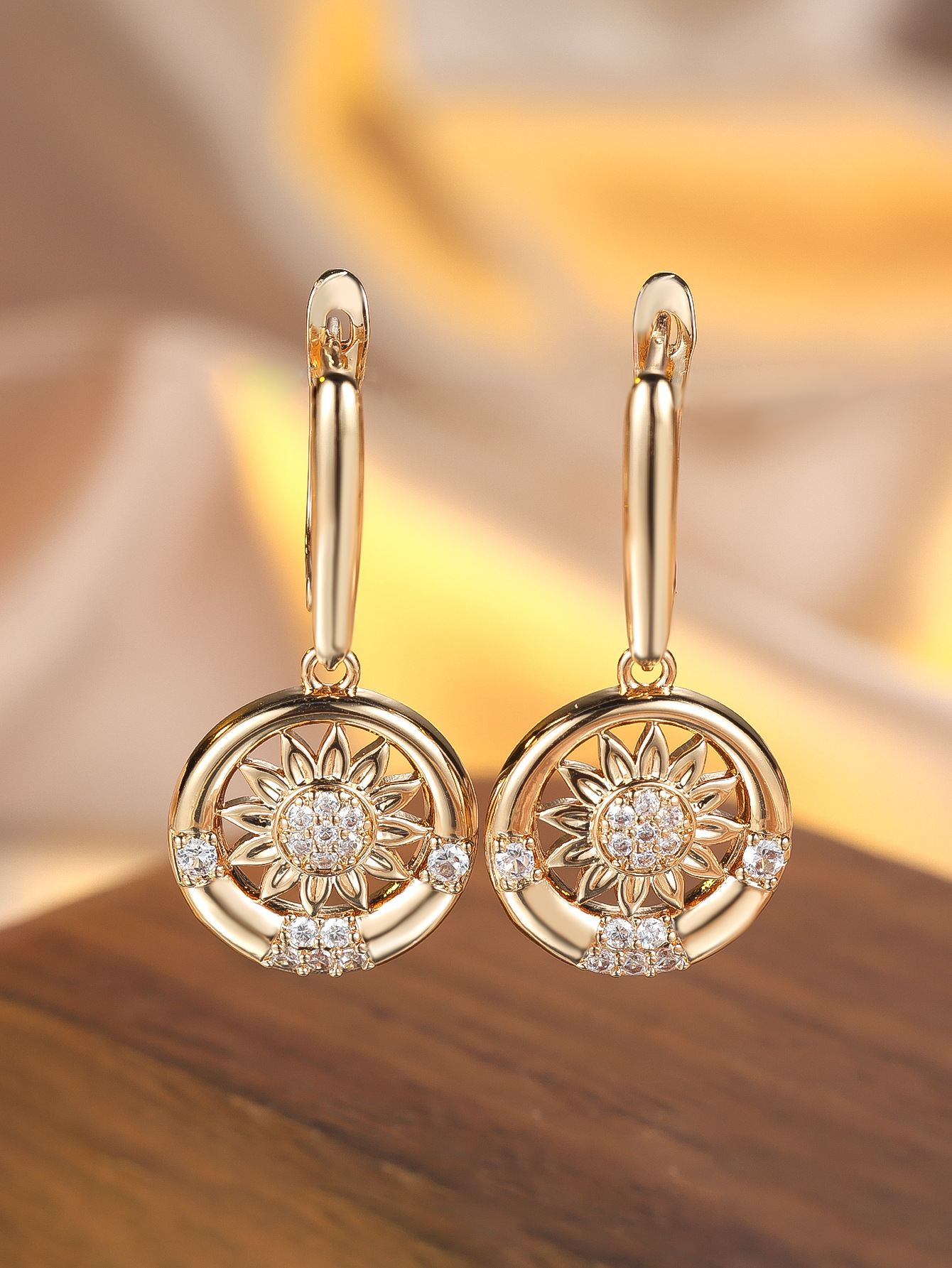 Round White Diamond Sunflower Earrings For Women