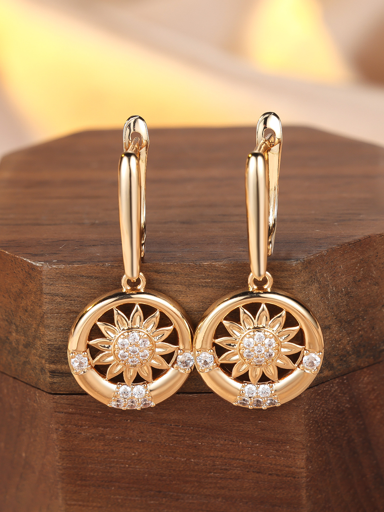 Round White Diamond Sunflower Earrings For Women