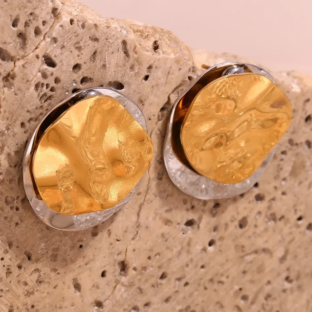 Stainless Steel Plated 18K Irregular Double Layer Color Matching Round Piece Ear Studs Female