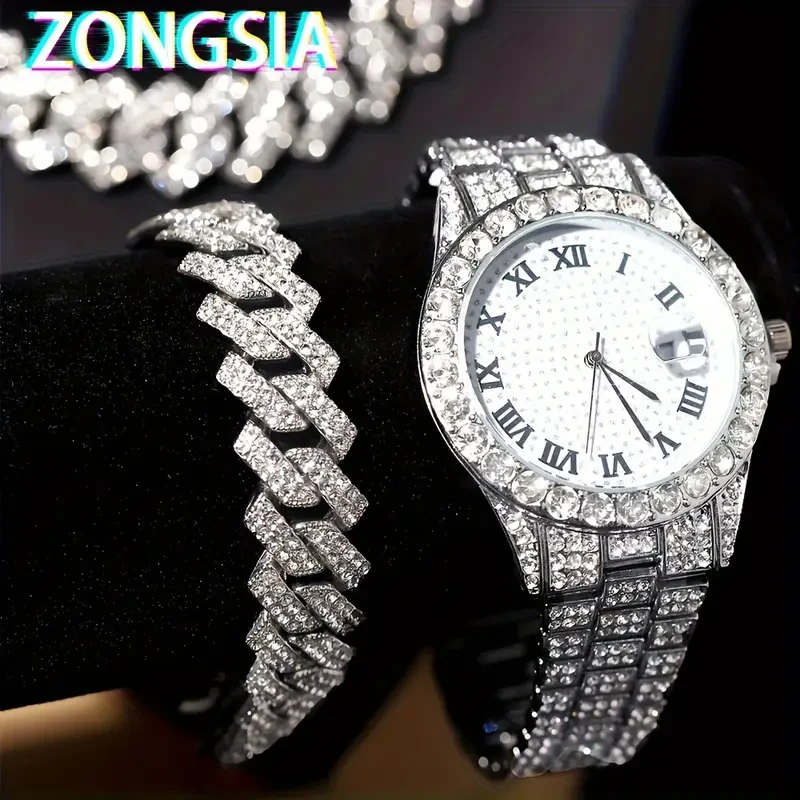 Hip-Hop Watch Luxury Set with Bracelet And Necklace