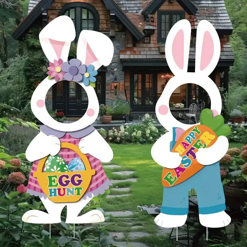 2pcs Easter Bunny Yard Signs with Stakes