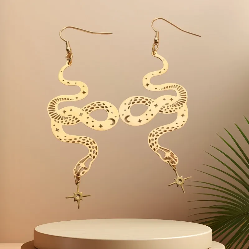Personalized Design Snake Element Simple Hollow Star And Moon Earrings