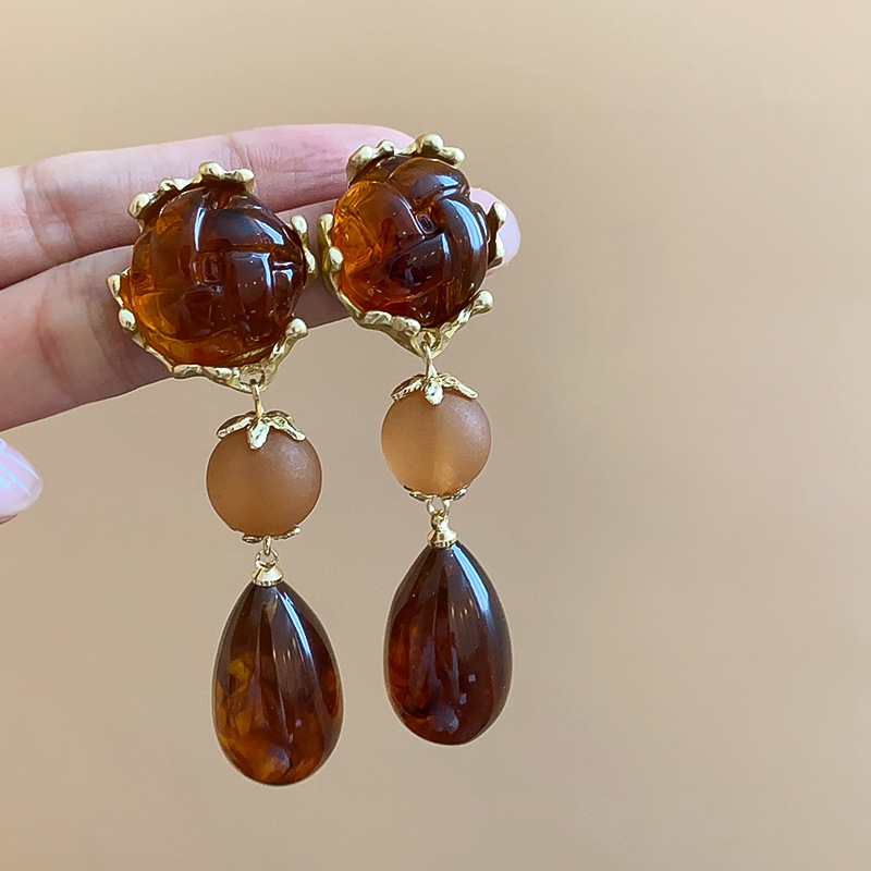 Silver Needle Mid-ancient Vintage Water Drop Tassel Earrings Maillard Style