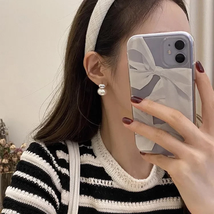 S925 Sterling Silver Oval Sliver Beads Artificial Pearl Earrings Women