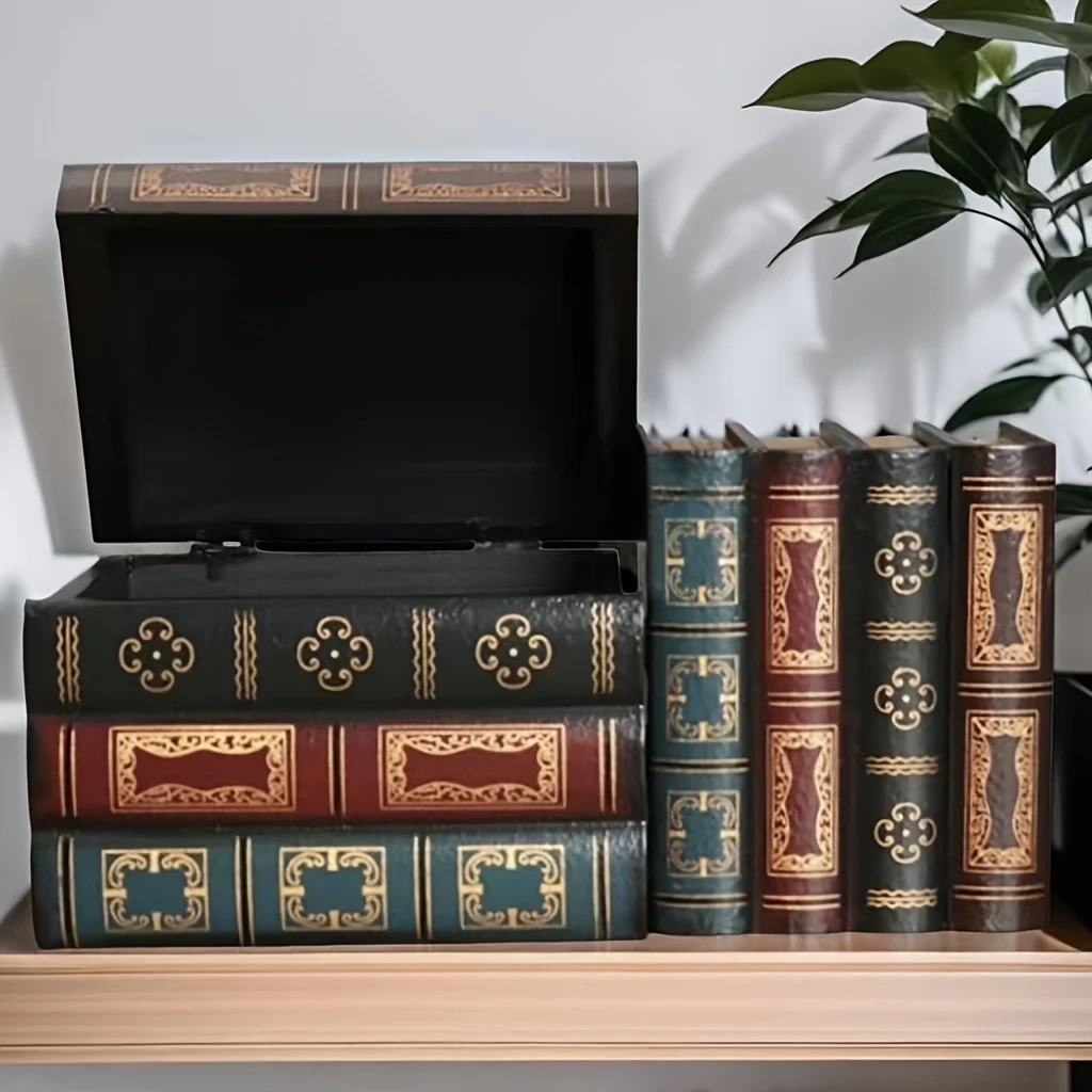 Vintage Wooden Storage Box with Ornate Book Design