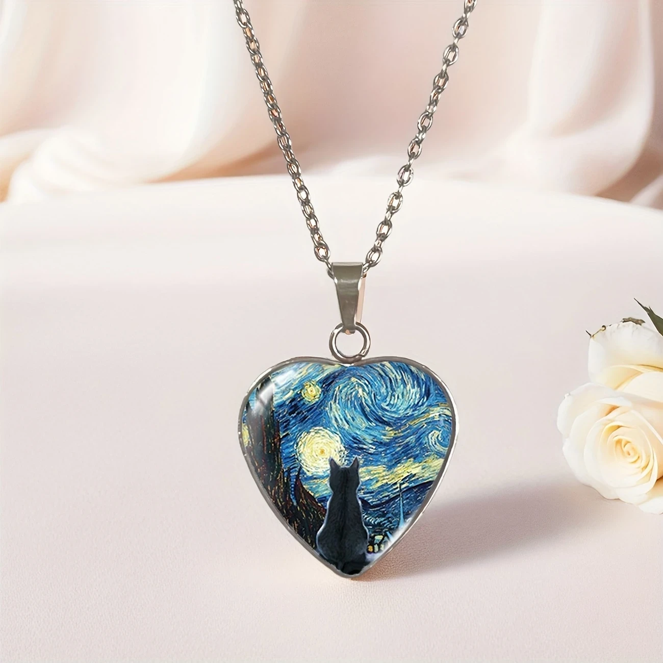 JWEIJIAO Starry Night Black Cat Heart-Shaped Pendant Necklace  Bohemian Style Stainless Steel Jewelry with Van Gogh Art Design, Perfect Birthday Gift for Men & Women