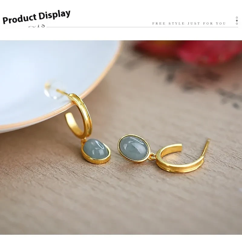 925 Silver Natural A Cargo Blue Water Jade Egg Surface Earrings