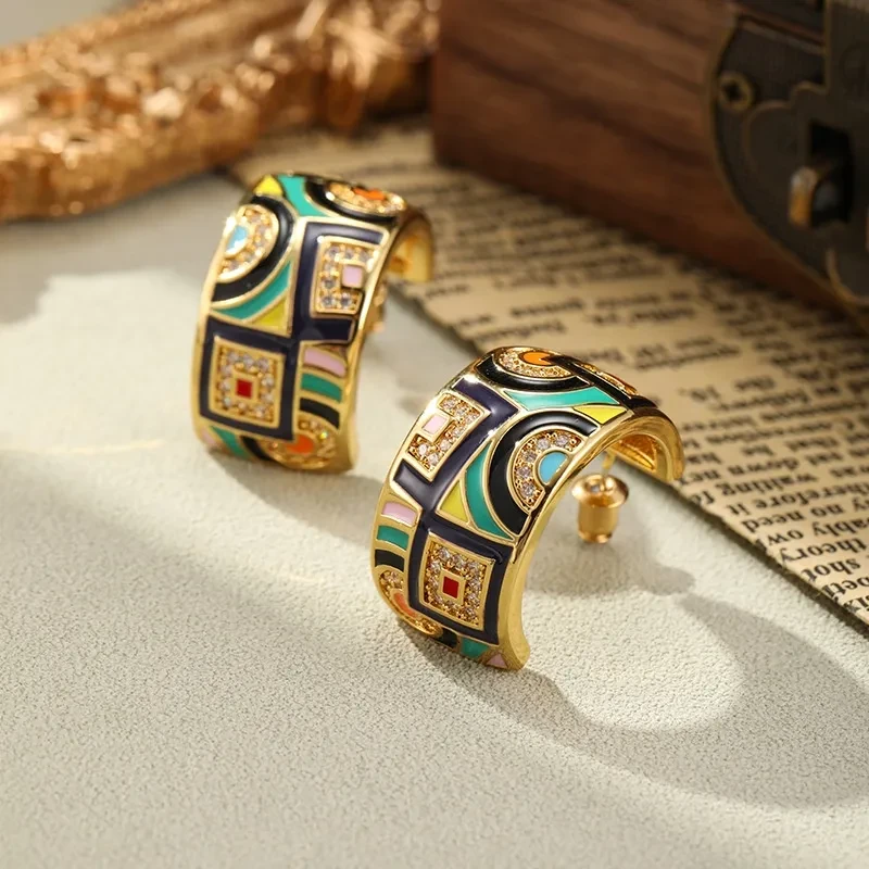 Retro Color Enamel C- Shaped Stud Earrings For Women