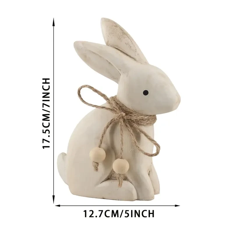 Antique Wood Farmhouse Easter Bunny Statue with Rustic Jute Bows & Beads