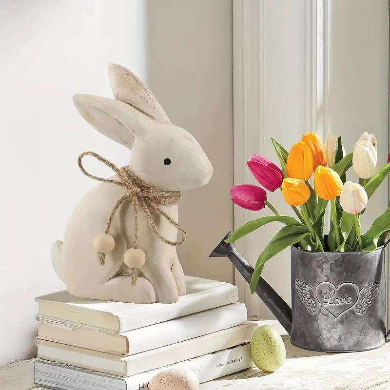 Antique Wood Farmhouse Easter Bunny Statue with Rustic Jute Bows & Beads