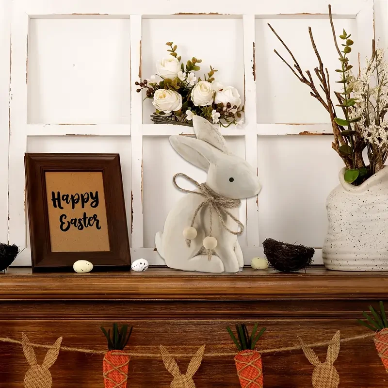 Antique Wood Farmhouse Easter Bunny Statue with Rustic Jute Bows & Beads