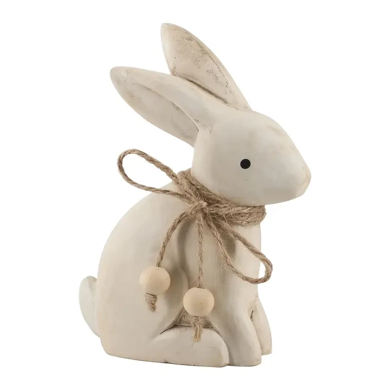 Antique Wood Farmhouse Easter Bunny Statue with Rustic Jute Bows & Beads