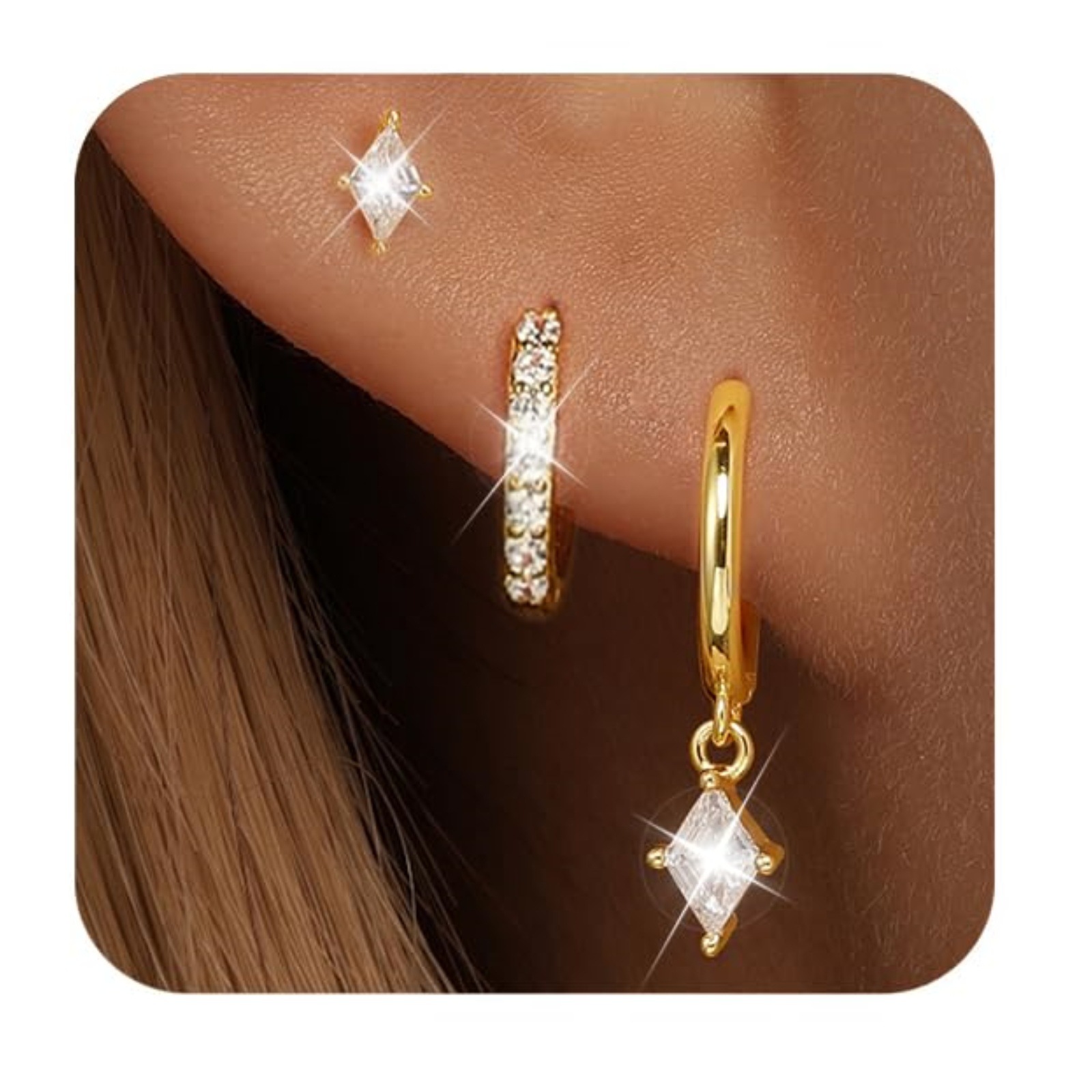 Brass Gold Plated European And American Inlaid Zircon Fashion Diamond Pendant Women's Earrings Three-piece Set