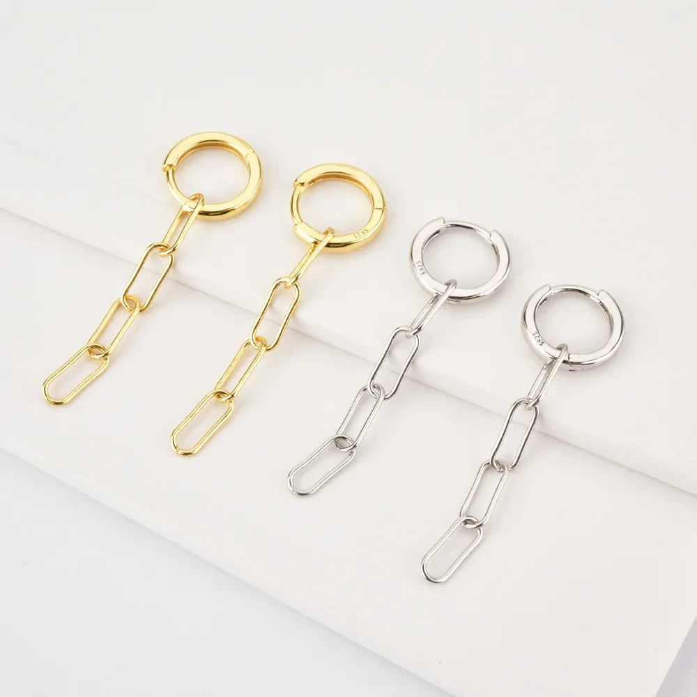 New S925 Sterling Silver Rectangular Chain Long Chain Earrings