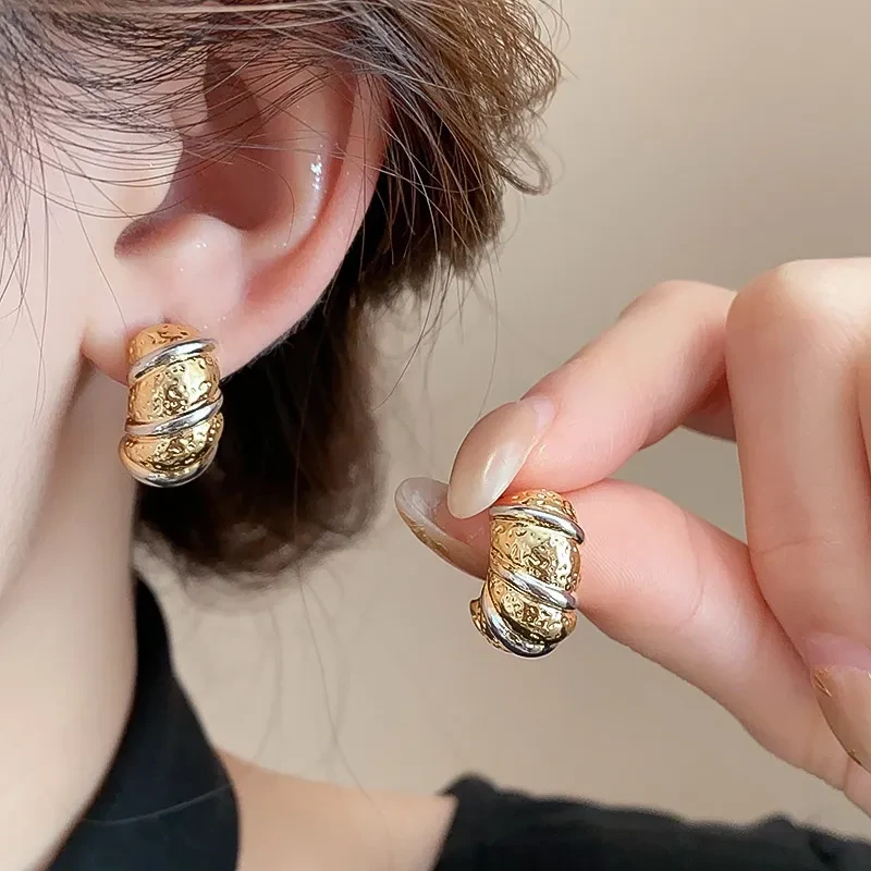 Real Gold Plated Silver Needle Pleated Croissant Stud Earrings Retro