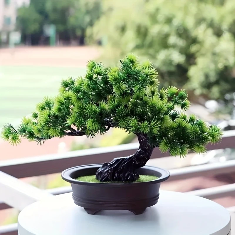 9.5" Artificial Pine Bonsai Tree in Black Pot Lifelike Indoor Zen Decor for Home, Bathroom, Bookshelf, or Farmhouse Style, Zen Home Decor