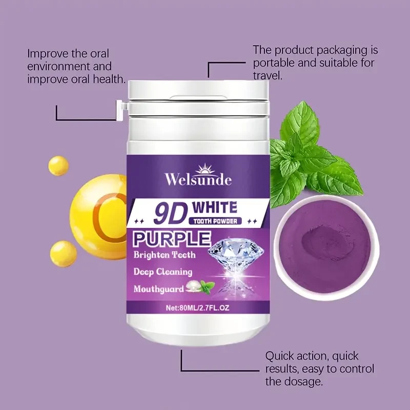 2pcs WELSUNDE 9D White Purple Teeth Whitening Powder