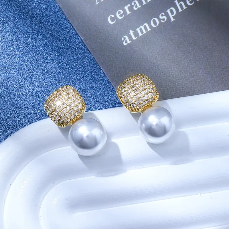 Light Luxury Square Full Diamond Pearl Ear Studs Make Your Face Look Smaller