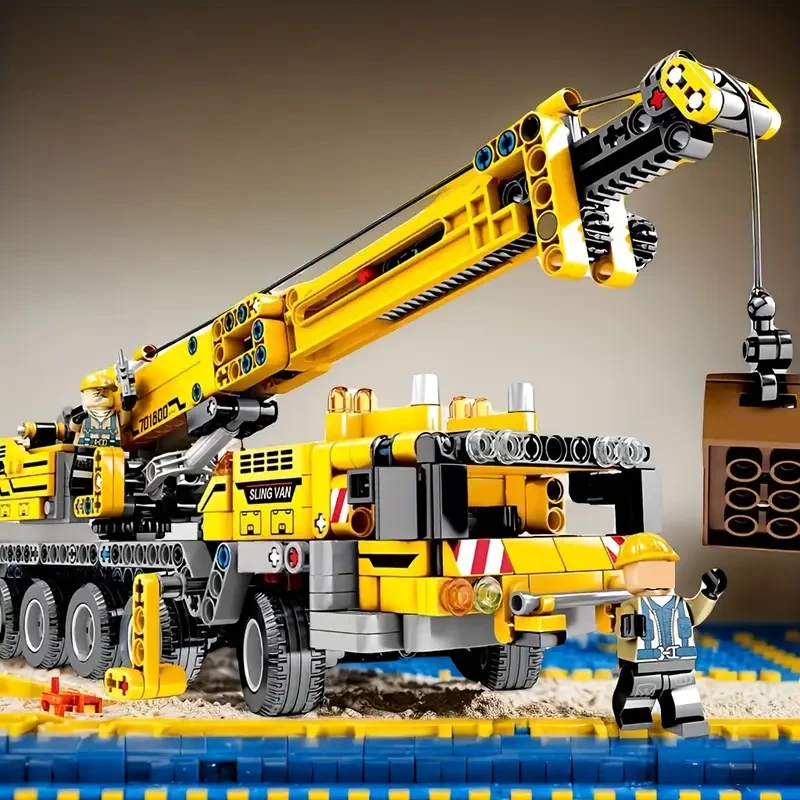 1000+ Pieces Yellow ABS Construction Crane Toy Set with Detailed Mechanism