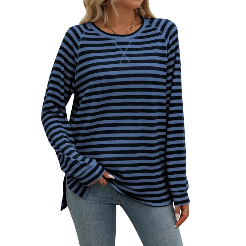 Striped Contrast Color Round Neck Long Sleeve Loose-fitting T-shirt Top
